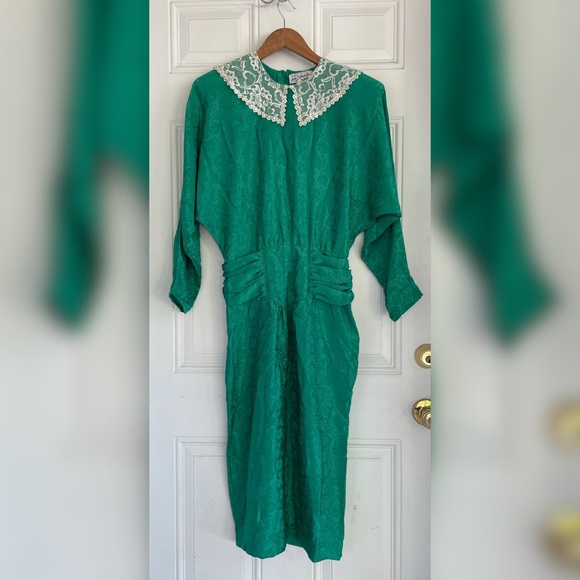 Vintage Dresses & Skirts - Jodi Schwartz Bill Berman Vintage 80s Satin Lace Collar Brocade Dress USA Made